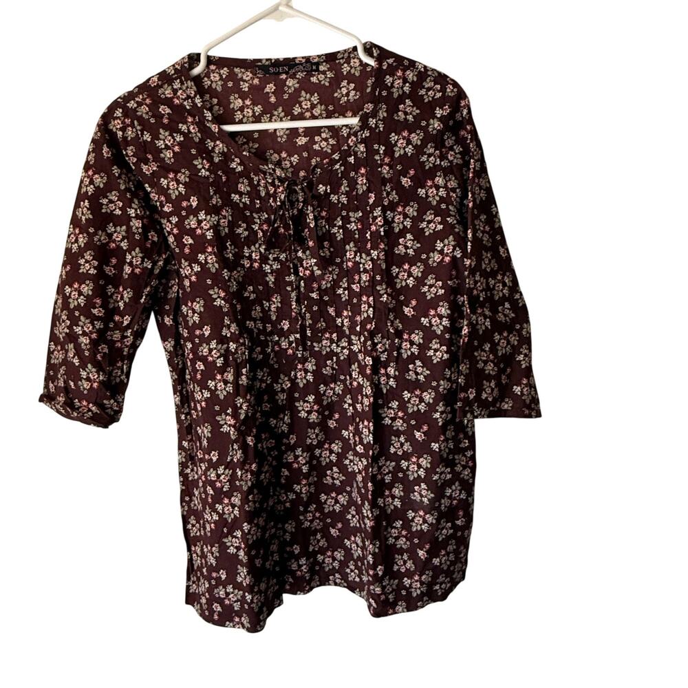 So-En Tunic Blouse Medium‎ Floral Print 3/4 Sleeve Boho Top Japanese Peasant